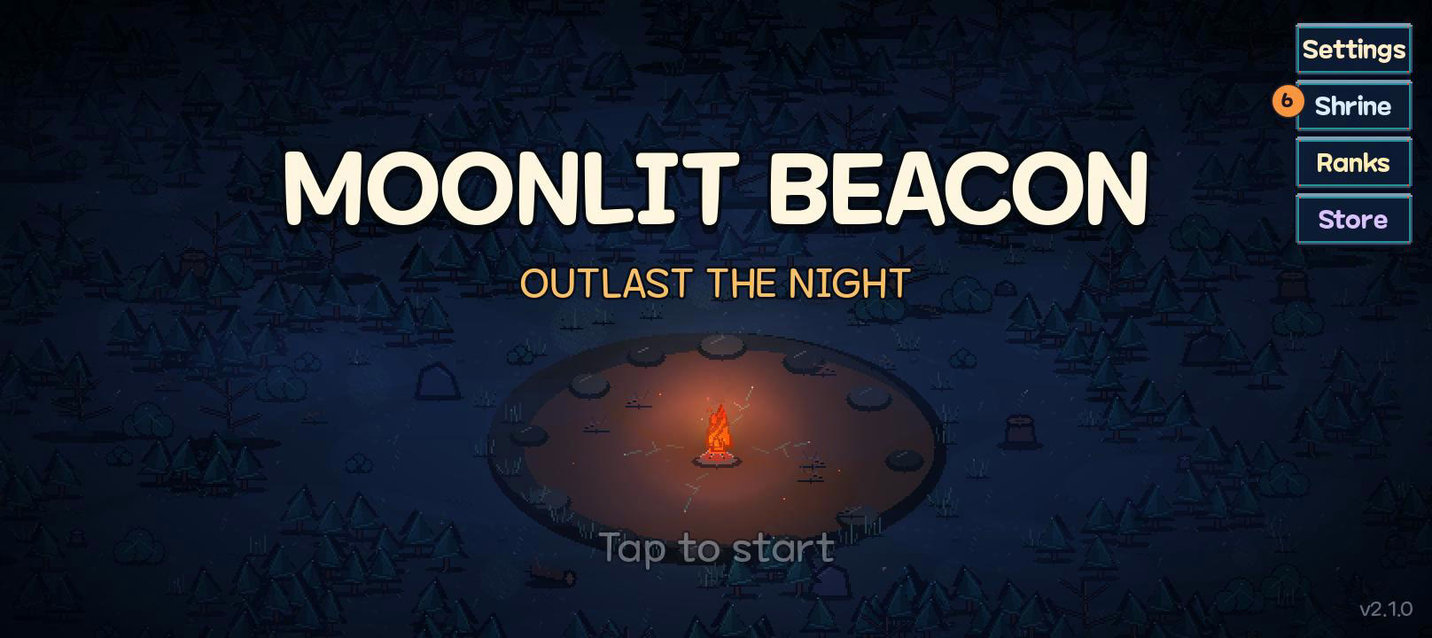 Moonlit Beacon title screen: a lit beacon in a night forest clearing